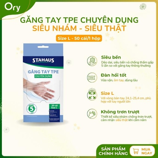 [G500002] Găng Tay TPE STAHAUS siêu nhám-siêu thật size L (50 cái/hộp)